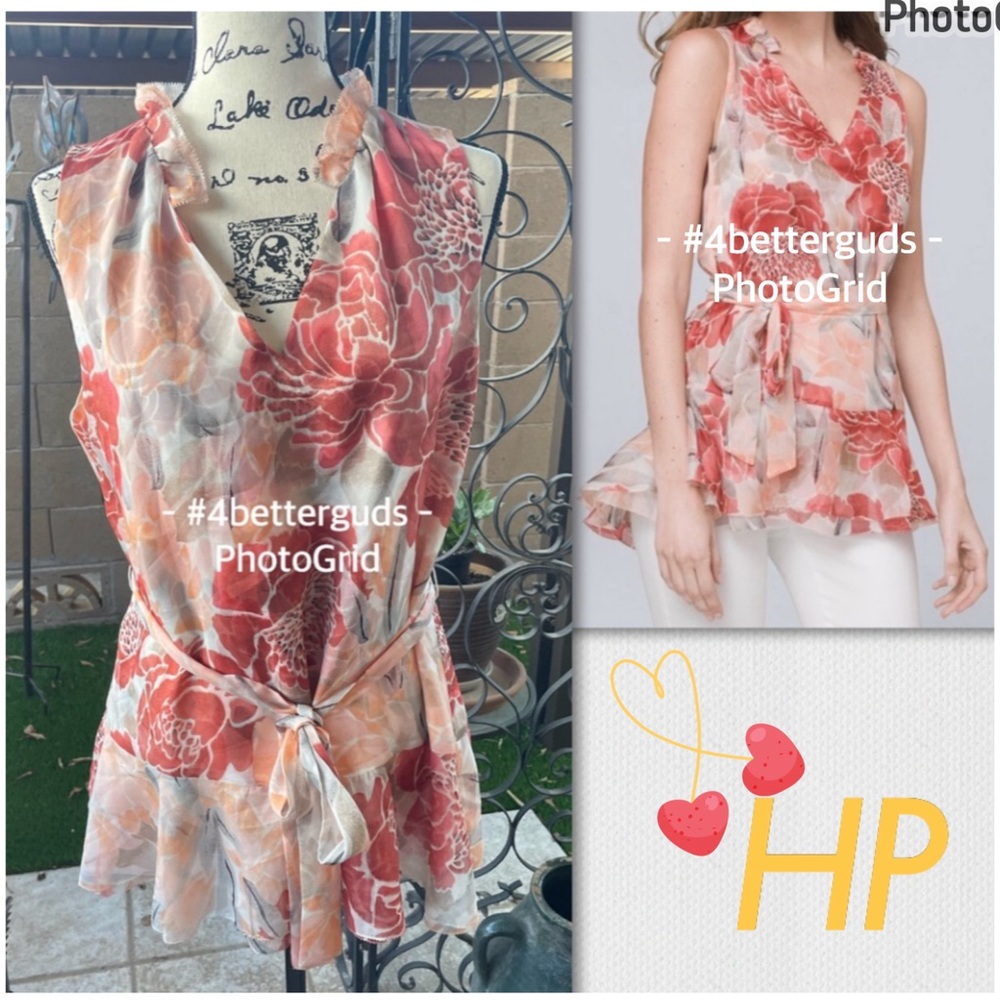 New WHBM Petite Floral Print Sleeveless V-neck Ruffle Tunic Ecru Red Ochre LP